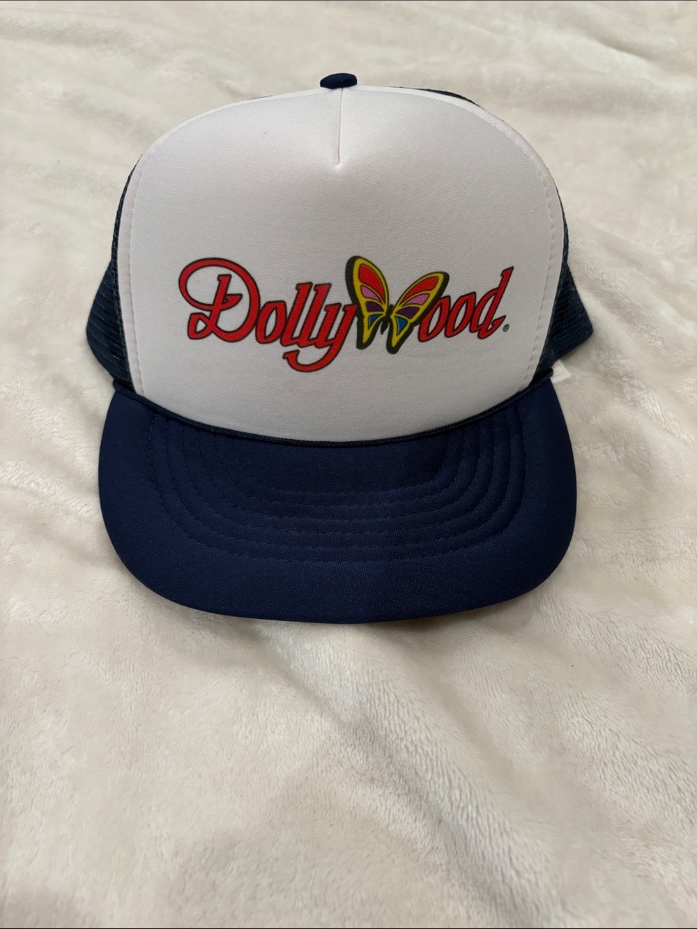 Vintage Dollywood Dolly Parton Foam Trucker Hat in Navy and White SnapBack